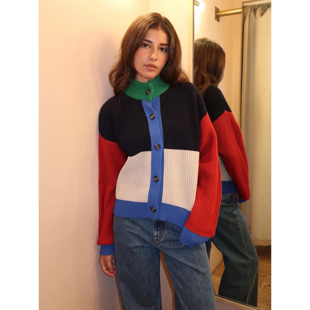 Bobo Choses Color Block Cardigan Sweater Oversized Chunky Knit Size S Preppy